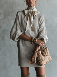 Elegant Grey Satin Bow-Detail Textured Blend Mini Dress