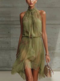 Green Floral Tie-Waist Chiffon Mini Dress