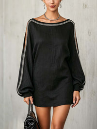Black linen-blend lantern-sleeve mini dress with piped trim