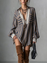 Taupe mini dress with blue stripes and lace trim