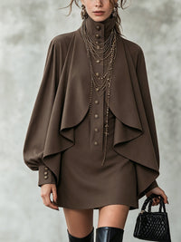 Chocolate high-neck mini dress with cape-style paneling