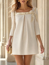 Satin Bow Square-Neck Three-Quarter Sleeve Mini Dress