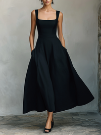 Women’s Square Neck Sleeveless Black A‑Line Maxi Dress With Pockets