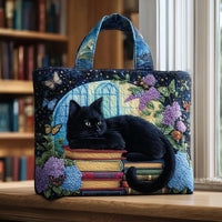 Notturna | Gesteppte Tasche mit schwarzer Katze auf Büchern