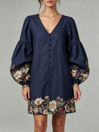 Navy V-neck lantern-sleeve floral print cotton-linen mini dress
