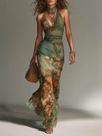 Calanthe | Maxikleid mit Vintage-Blumendruck und Mesh-Lage