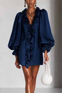 Navy Ruffled Puff-Sleeve Loose Straight-Cut Mini Dress