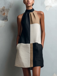 Black Color‑Block Halter Loose Casual Mini Dress