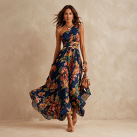 Amandine | One-Shoulder-Maxikleid aus Chiffon mit Aquarell-Blumendruck