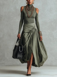 Olive Green Two Piece Outfit Turtleneck Cold Shoulder Long Sleeve Top Twisted Wrap Maxi Skirt Set