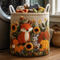 Editha | Handgesteppter Wäschekorb mit Fuchs und Herbstblumen