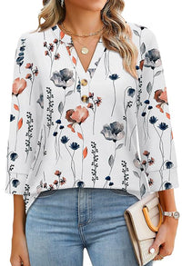 Amarante | Boho-Bluse mit Blumenprint, V-Ausschnitt und Knopfleiste