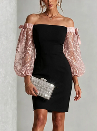 Black Off Shoulder Mini Dress Pink Floral Lace Puff Sleeve Satin Bow Bodycon Party Dress