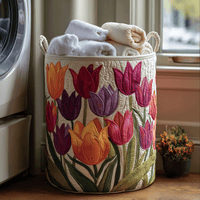Jolanda | Handgesteppter Wäschekorb mit Tulpen
