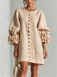 Beige Floral Button-down Mini Dress With Striking Floral Cuffs