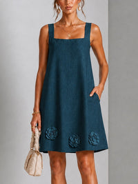 Rich Teal Sleeveless Square-neck Mini Dress Featuring Striking Floral Accent