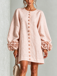 Pink Long Sleeve Floral Button-down Mini Dress With Striking Floral Cuffs(Long Sleeve Edition))