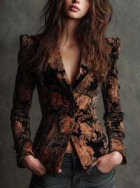 Liliana | Blazer mit Blütendruck in Schwarz und Bronze