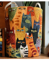 Wanda | Handgesteppter Wäschekorb mit Katzen im Patchwork-Stil