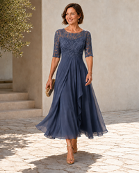 Romilde | Midikleid mit Spitzenoberteil und transparenten Ärmeln