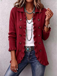 Marthe | Ripp-Strickjacke in Rubinrot mit Rüschen