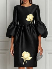 Black Satin Bubble Sleeve Mini Dress Round Neck Yellow Floral Print High Waist Formal Party Dress