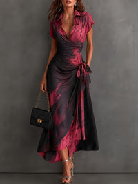 Red Black Abstract Print Wrap Midi Dress Collared V Neck Short Sleeve Tie Waist Ruffled High‑Low Hem Dress